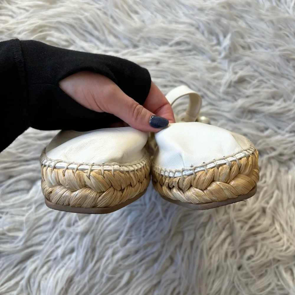 Jimmy Choo Fayence Pearl White Leather Mary Jane Ballerina Espadrilles EUC Sz 38